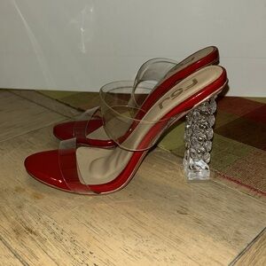 NWOT! FSJ Red patent leather look w/ clear Straps & Braided acrylic Heels